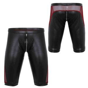 Yizyif Mannen Zachte Faux Leren Shorts Mode Mesh Splice Boxer Shorts Rits Kruis Low Rise Slim Fit Tight Boxer Shorts H1210
