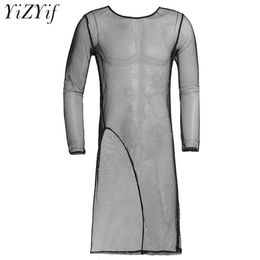 Yizyif Mens Sexy Sexeves Crew Neck Mesh SEETHROUGH HEM IRRÉGULAIRE FRANT SPIST Long Tshirt Underson Clubwear Nightwear4179187