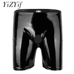 YiZYiF Hommes Brillant Sexy Boxer shorts Sous-Vêtements En Cuir Verni Ouvert Pénis Trou Longue Jambe Boxer Culotte Courte Pénis Pantalon En Caoutchouc H1214