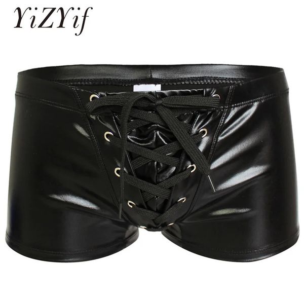 YiZYiF Sexy Men Boxer Short Fetish Ropa interior Bragas Brillante Charol Exótico Cordón Metálico Boxer Shorts Traje de baño Playa 240314