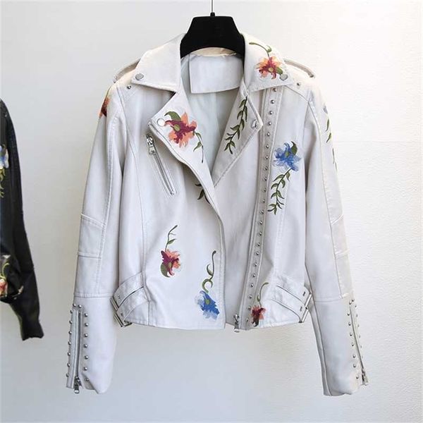 YIZZHOY Printemps Automne Floral Print Broderie Faux Veste En Cuir Femmes High Street Moto Noir Punk Survêtement Biker Veste 211112