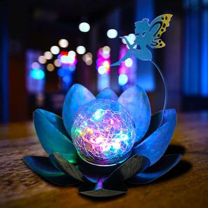 Yjfwal Garden Solar Lights Decorative, Crackle Globe Glass Flower with Fairy Decor, Metal Lotus Lamp pour jardin, patio, pelouse, passerelle, table de table (multicolore)