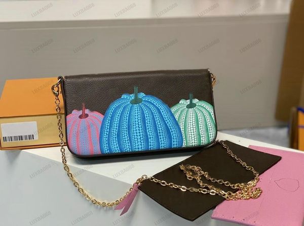 YK FELICIE POCHETTE Cadena con estampado de calabaza Mini bolso de hombro M82108 Cuero Yayoi Kusama colección 3 en 1 Monedero Bolso de mensaje de diseñador para damas