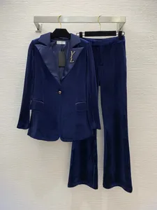 YL046 Pantalones de dos piezas para mujer, chaqueta de terciopelo, conjunto de pantalones, color morado y marrón, nueva chaqueta con un botón, pantalones acampanados, traje de oficina de dos piezas para mujer