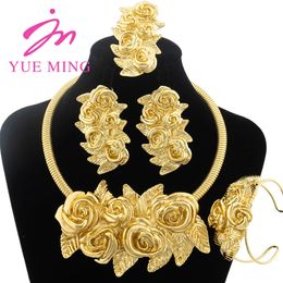 YM couleur or ensemble de bijoux pour femmes Dubai mariage africain collier de mariée boucles d'oreilles en cuivre anneau réglable éthiopien fleur bracelet 240115