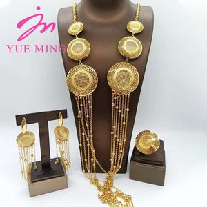 YM – ensemble de bijoux élégants pour femmes, collier Long, chaîne plaquée or, bague réglable, boucles d'oreilles pampilles, fête de mariage