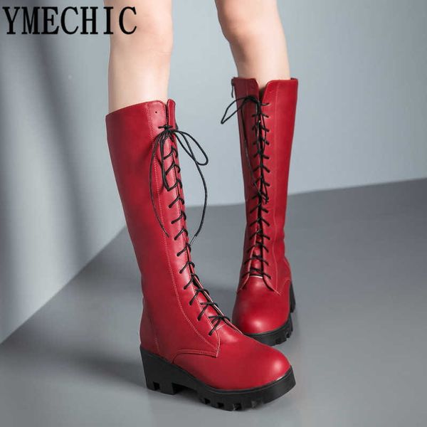 YMECHIC 2021 rouge grande taille à lacets mi-mollet haute moto bottes femmes mode croix attaché blanc noir talon épais femme chaussures Y0914