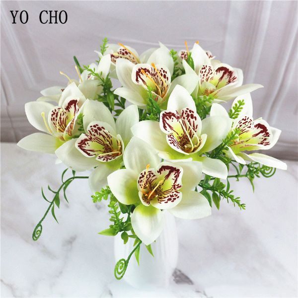 Yo Cho Artificiel Silk Orchid Flower Bridesmaid Bouquet Bouquet Single Branch Fake Orchid Flower Arrangement Pink Home Wedding Decor