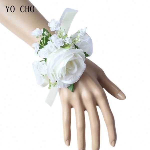 yo CHO Roses de soie artificielles Blanc Poignet de mariée Frs Demoiselle d'honneur Poignet Corsage Bracelets Fournitures Marié Boutnières Mariage 66ER #