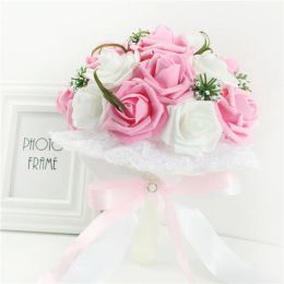 Yo Cho Bridal Wedding Bouquet Bruidsmeisje Kunstmatige PE Rose Flower Fake Pearl Pink Bouquet Wedding Supplies Festival Decoraties