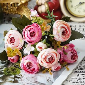 Yo Cho Retro Artificial Roses Bouquet 10 Heads Silk Tea Roses Flores for Automn Wedding Table Home Decor 5 Branches Fake Flowers