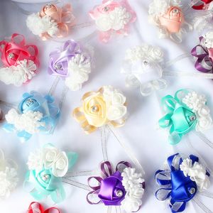 Yo Cho Silk Roses White Pols Pols Pols Flowers for Bridesmaids Flower Bracelet Roze Blue Bruids Sisters Bruiloftaccessoires