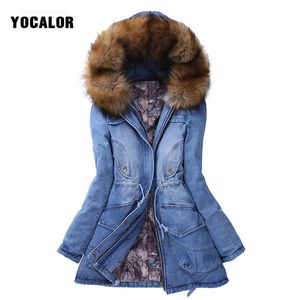 Veste d'hiver femmes femmes Denim vestes chauffant col de fourrure de raton laveur manteau Parka capuche épais pardessus parc