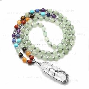 Yoga 7 Chakra Collar de cuentas de piedra semipreciosa Hebra de piedra natural Cuarzo Prisma hexagonal Árbol de la vida Collares colgantes de cristal Joyería de moda para mujer