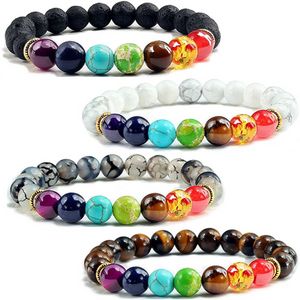 Yoga 7 Chakras pierre perles Bracelet brin femmes hommes énergie de guérison pierre Yoga oeil de tigre Howlite Bracelets bijoux de mode