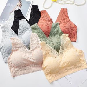 Yoga soutien-gorge femmes été mince glace soie sans trace dentelle beauté dos bustier tubulaire sous-vêtements Sexy col en v enveloppé poitrine tenue