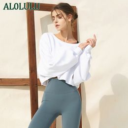 AL0LULU Yoga fitness top estilo corto costura suelta con capucha deportes camiseta de manga larga