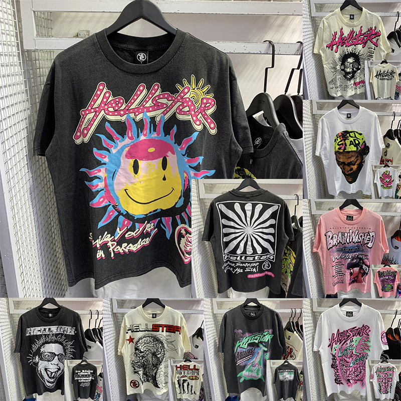 Hellstar 셔츠 티셔츠 남성 및 여성 디자이너 패션 탑 티스 여름 하이 스트리트 클래식 잉크젯 인쇄 짧은 슬리브 힙합 T 셔츠