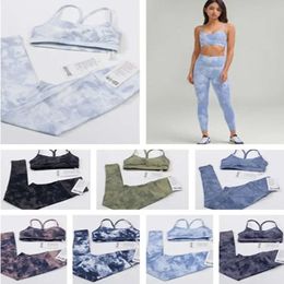 Yoga Lu 2pcs Aligner Set Femme Tie pour femmes Dyed Printing High Waist Leggings Sportswear Gym Top Y-Shape Bra Fiess Workout Tracksuit Lemon Gym Runn