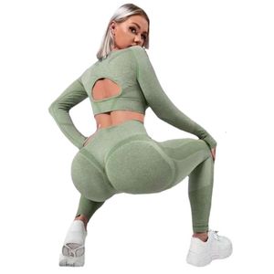 Yoga al aire libre inferior Fiess melocotón cadera hueco apretado pantalones de manga larga deportes conjunto de dos piezas