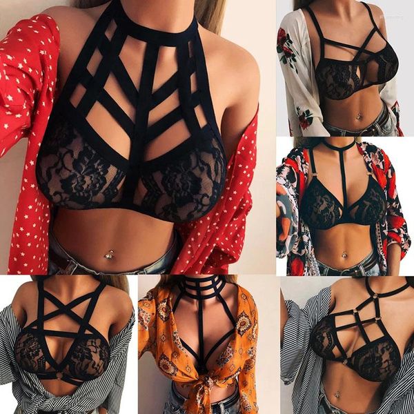 Yoga Outfit 1PC Sexy Ladies Hollow Out Lingerie Cage Harness Beach Lace Bra Bandage Tops Push Up Bralette Bustier Womens Sport Underwear