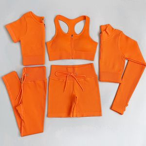 Traje de yoga 2/3 / 5PC Chándal de mujer Conjunto de yoga sin costuras Entrenamiento Ropa deportiva Gimnasio Ropa Cordón Cintura alta Leggings Fitness Trajes deportivos 230526