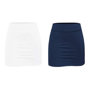 Yoga Outfit 2 PCS Femmes Tennis Jupes Shorts intérieurs Sports élastiques Golf Skorts avec poches Fit Fitness Running M Blanc Bleu