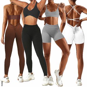 Yoga -outfit 2023 1/2 stks Back V Butt Yoga Set Women High Taille Fitness Workout Gym Running Scrunch Leggings broek Jogging Active Wear Sak P230504