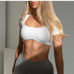 Traje de yoga 2023 Fitness Bra Manga corta Simple A prueba de golpes Deportes Curvo Dobladillo Camisa Slim Fit Crop Top Run Gym Shirts Mujeres Ropa activa