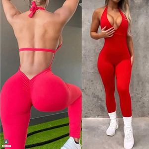 Yoga -outfit 2024 Deep V Halter Mouwloze Backless Yoga Sets Sport One Piece Jumpsuit Woman Sportwear Gym Training Overalls Active Wear T240601