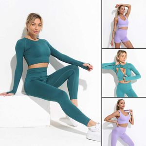 Yoga -outfit 2pcs naadloze yogaset workout sport outfits voor dames gym lange mouw crop top top high taille leggings sportkleding atletische kleding p230504
