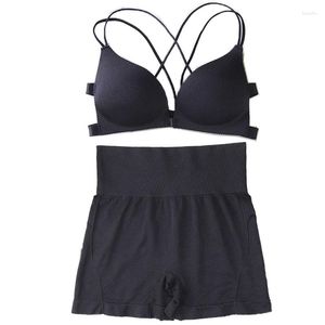 Yoga -outfit 2pcs dames sportbeha's en slipjes shorts set sexy push up Deep v front buckle underwear kit voor fitness gym workout bh