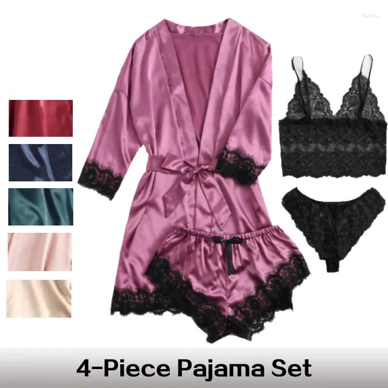 Yoga Outfit 4Pcs Set Women's Fashion Comfortable Nightwear Lace Satin With Silk Sleepwear Robe Sexy Pajama Pants Home Clothes