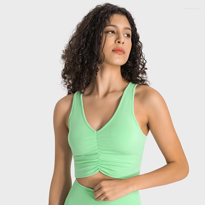 Yoga Outfit ABS LOLI Front Ruched V-Neck Sports Bra For Women Racerback Padded Workout Tank Tops Soft Wide Straps Support Gym Crop