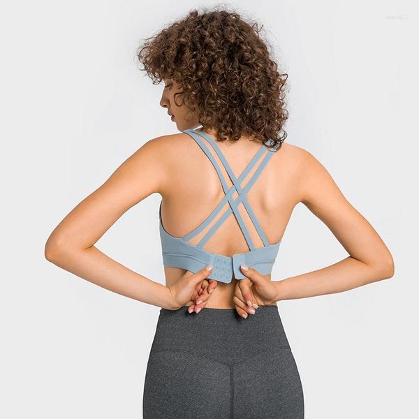 Traje de yoga ABS LOLI Sujetador deportivo acolchado con tiras para mujer Cierre trasero (tres ganchos y ojos) Sujetadores Soporte medio Fitness Tops deportivos