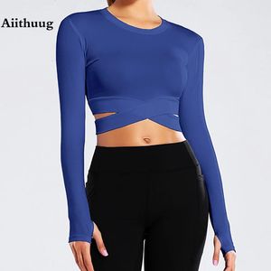 Yoga Outfit Aiithuug Miidriff Tops à manches longues Sports Fitness Crop Top Gym Chemises Slim Fit Running Tank Criss Cross Taille 231212