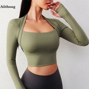 Yoga Outfit Aiithuug Chemises rembourrées à manches longues Crop Tops Low Cut Gym Shirt Entraînement Top Insert Pads Slim Fit Sports Sexy 231212