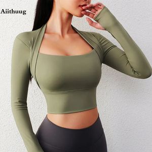 Yoga Outfit Aiithuug Chemises rembourrées à manches longues Crop Tops Low Cut Gym Shirt Entraînement Top Insert Pads Slim Fit Sports Sexy 231117