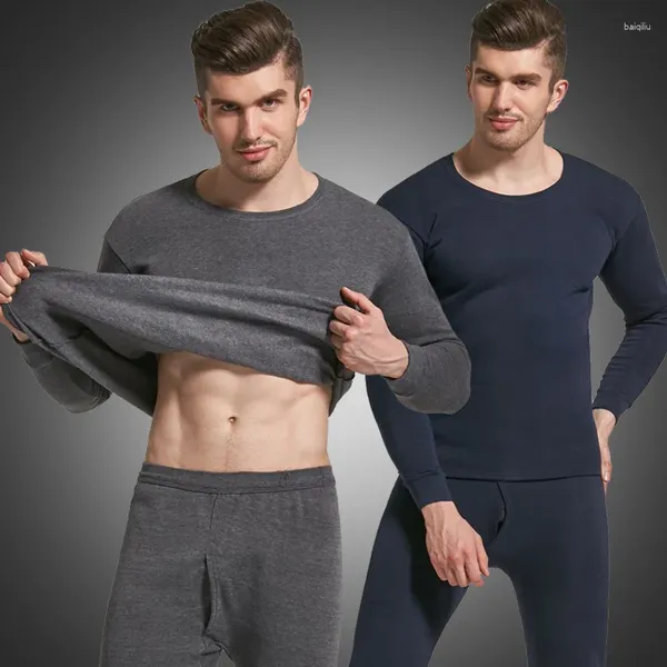 Tenue de yoga automne et hiver hommes couleur unie sous-vêtements chauds col rond brossé en peluche épaissi vêtements pantalons