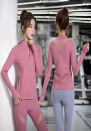 Yoga roupa outono fino ajuste colarinho treino esporte casaco mulheres zíper nylon jogger jaqueta de fitness com buracos de polegar malha traseira patchwor7843538