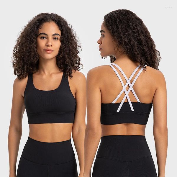 Yoga Outfit Color Block Strappy Sports Bras Femmes Crisscross Dos Support moyen Rembourré Gym Fitness Soutien-gorge côtelé Push Up Crop Tank Top