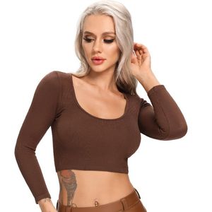 Yoga Outfit Crop Tops Femmes À Manches Longues Chemises De Course Sexy Nombril Exposé T-shirts Solide Sport Top Seamless Fitness Gym Sport Wear