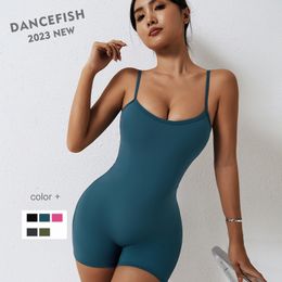 Yoga -outfit dancefish vrouwen verstelbare riemen shorts sets prinses lijn slanke taille dancewear workout gym lucht yoga jumpsuits 230811
