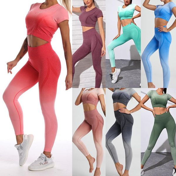 Traje de Yoga Dip Dye traje de mujer de cintura alta mallas deportivas mallas sin costuras de manga corta Fitness Top entrenamiento conjunto de ropa de gimnasio