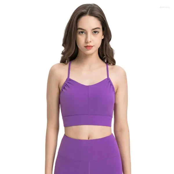 Traje de yoga Doble 6 hilos Nylon Pliegue lateral Sujetador deportivo Simple Sexy Cuello en V Correa de hombro delgada En forma de Y Hermosa espalda Pilates Chaleco de baile