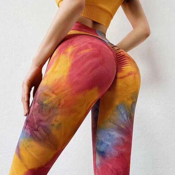 Traje de yoga Explosivo Tie-dye Peach Hip Pants Mujer Lijado de doble cara Leggings de cintura alta Medias elásticas Deportes Fitness