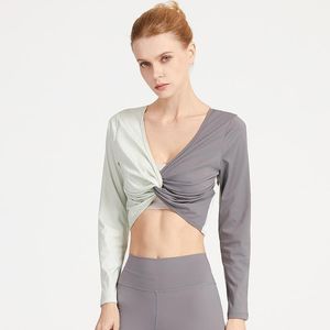 Atuendo de Yoga, ropa deportiva de manga larga para mujer, Top corto Reversible para gimnasio, retorcido, transpirable, para ejercicio al aire libre, camiseta para correr