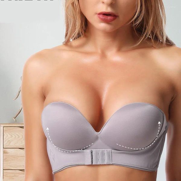 Traje de yoga Cierre frontal Sexy Sujetador sin tirantes Mujeres Invisible Push Up Ropa interior Lencería para mujer Brassiere Pitted Bralette sin costuras