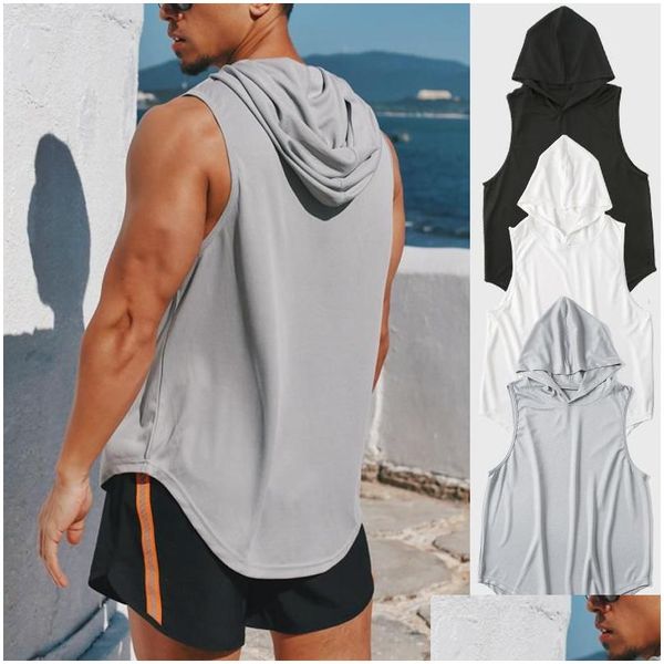 Yoga Outfit Gym Vêtements Fitness Hommes Coton Débardeur avec capuche Mens Bodybuilding Stringers Débardeurs Entraînement Singlet Sans Manches Drop Dhk8Q