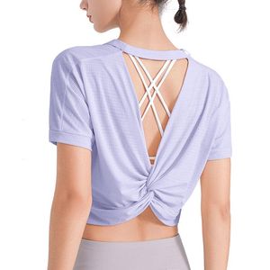 Traje de yoga Gimnasio Fitness Deporte Camiseta Tops Mujeres Camisas de secado rápido Espalda abierta Manga corta Blusas deportivas Mujer Entrenamiento Tanque Running TopYoga